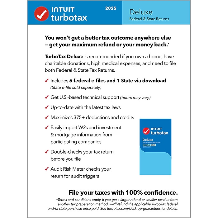 Intuit Turbotax Deluxe 2024 Federal & State & 5 Free Federal E-Filings