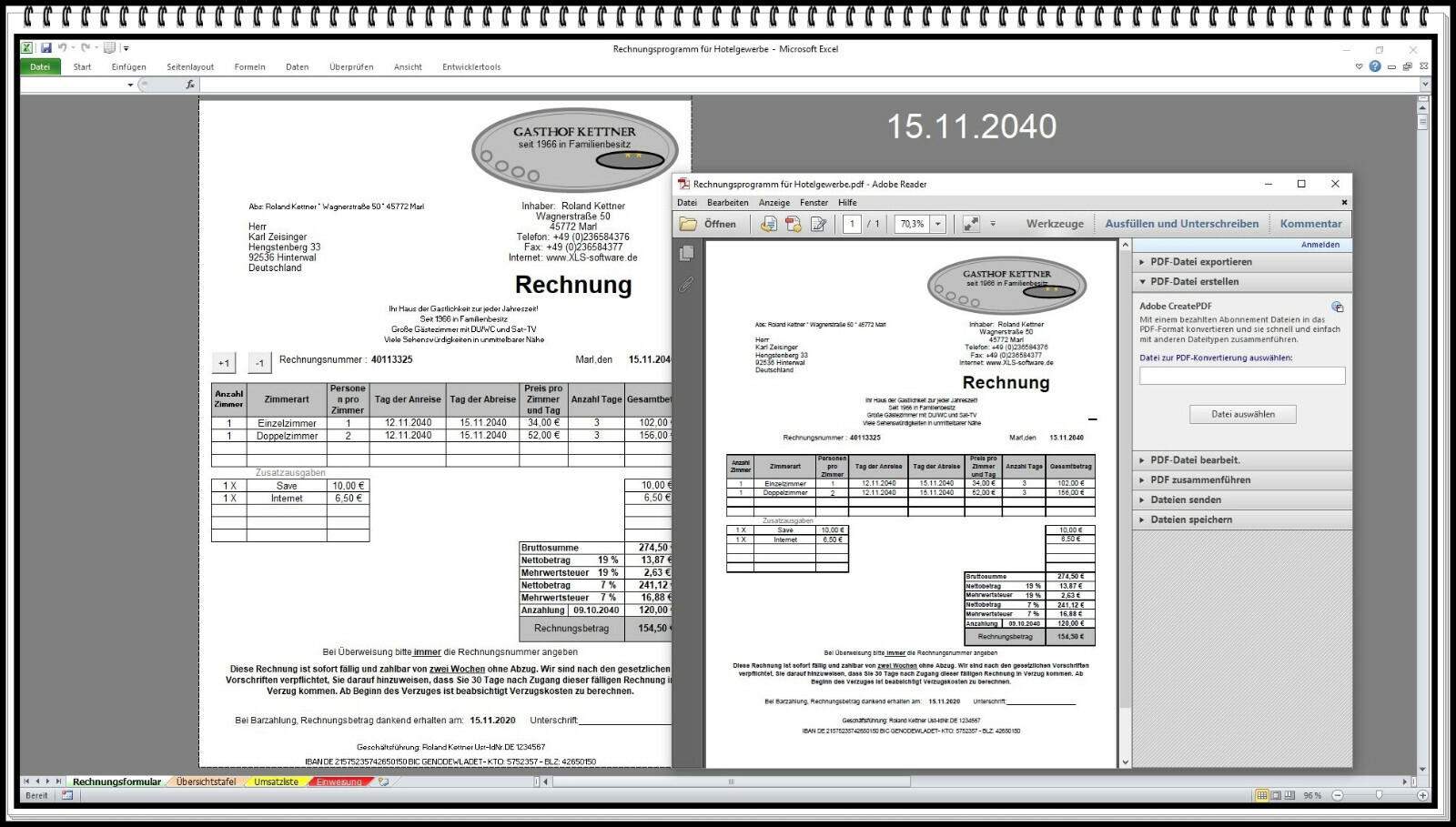 Rechnungsprogramm Hotelfach Hotel Motel Fehrienwohnung FeWo Ferienhaus Excel