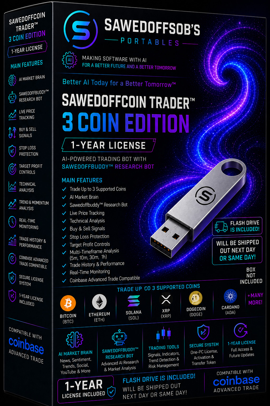 Sawedoffcoin 3 Coin 1 Year Licensed AI Smart Research 24/7 – USB Drive Version